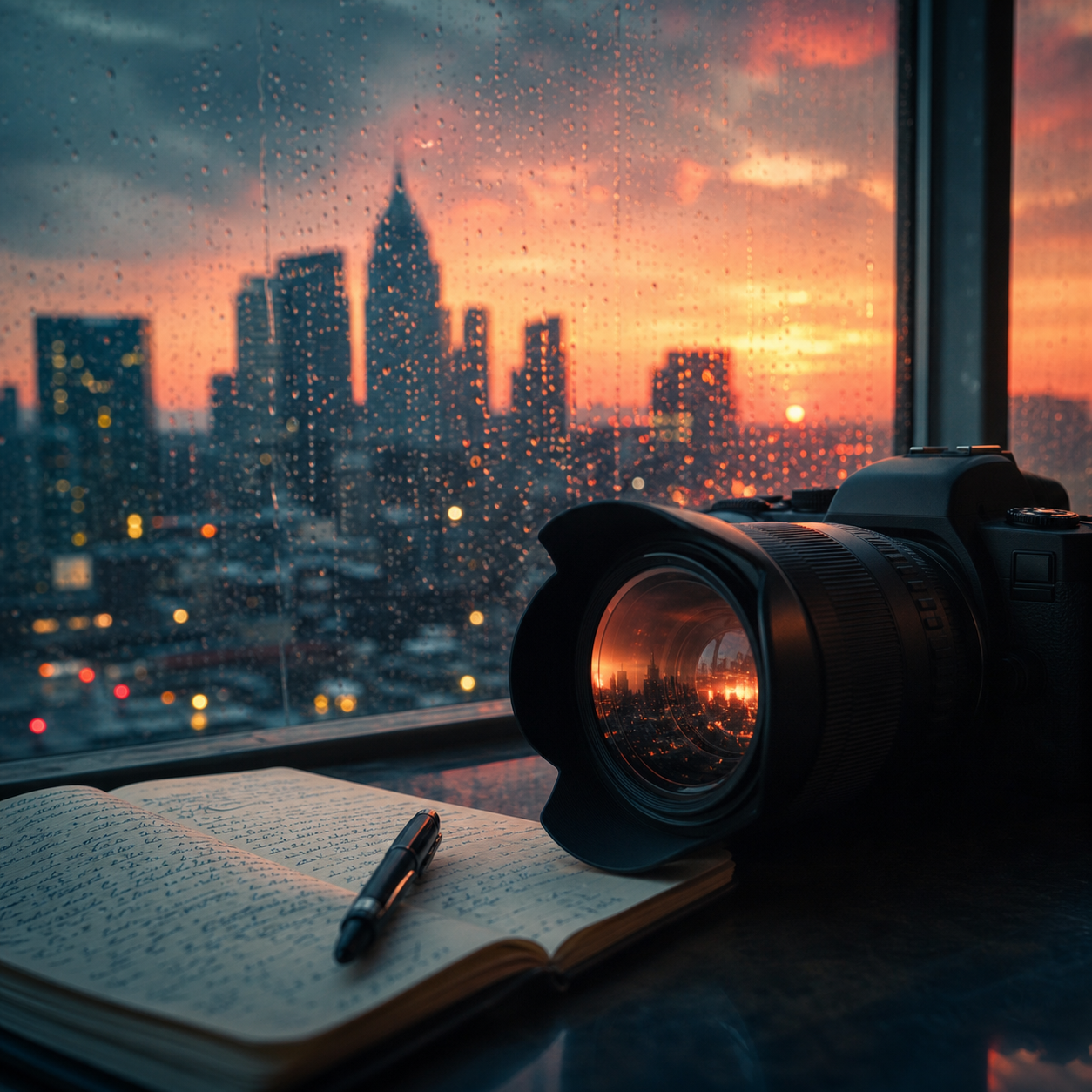 A reporter's camera and notebook overlooking a city at sunrise